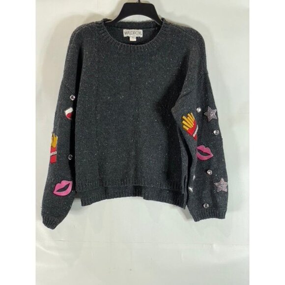 WILDFOX Women's Charcoal Crewneck French Fries & Kisses Pullover Sweater SZ S - Picture 1 of 12